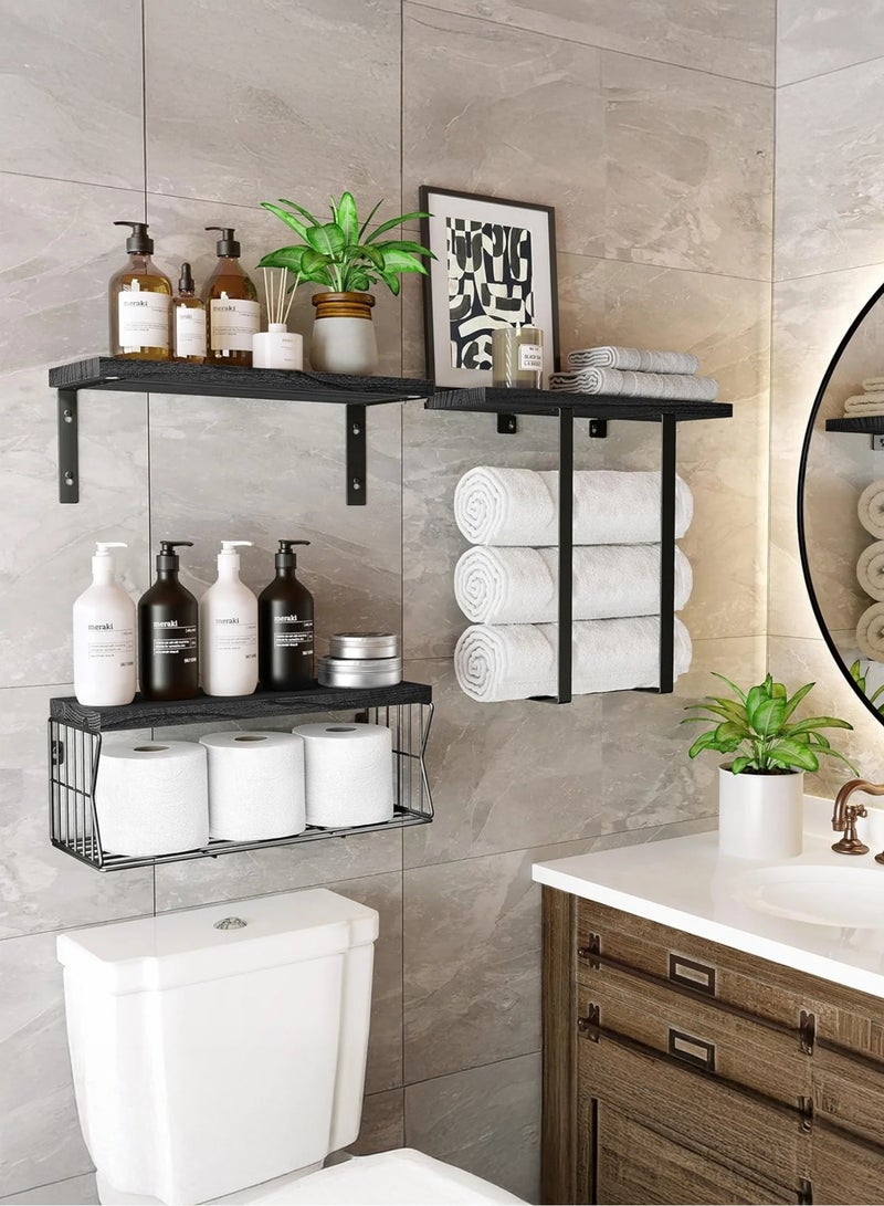 والالا مجموعة من 3 أرفف خشبية عائمة، رف تخزين للحمام، أرفف صلبة مثبتة على الحائط، رف عرض منزلي، رف منظم للمطبخ، رف معلق مزخرف مع قضيب مناشف، سلك للمكتب المنزلي - Image 1