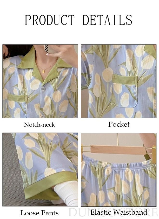 DUNISO 3-Piece Women's Soft Pajamas Set Short Sleeve Silky Sleepwear Loungewear Button-Down Night Suit Summer And Autumn Night Wear Long Sleeve Top And 2 PCS Pants Loungewear Sets  - Image 2