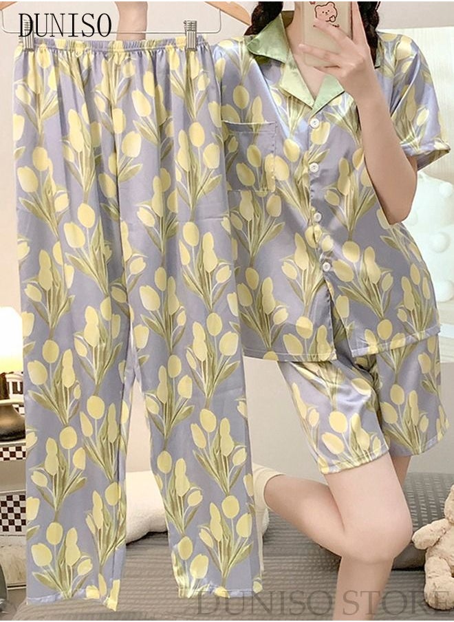 DUNISO 3-Piece Women's Soft Pajamas Set Short Sleeve Silky Sleepwear Loungewear Button-Down Night Suit Summer And Autumn Night Wear Long Sleeve Top And 2 PCS Pants Loungewear Sets  - Image 3