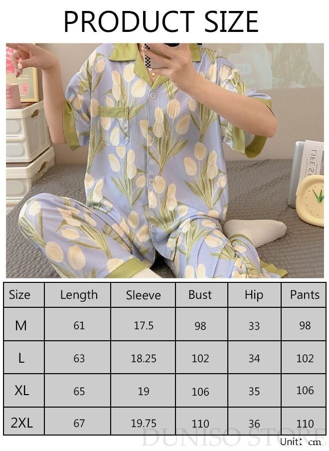 DUNISO 3-Piece Women's Soft Pajamas Set Short Sleeve Silky Sleepwear Loungewear Button-Down Night Suit Summer And Autumn Night Wear Long Sleeve Top And 2 PCS Pants Loungewear Sets  - Image 4