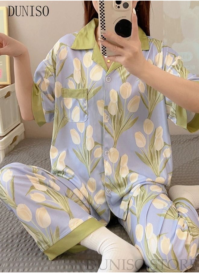 DUNISO 3-Piece Women's Soft Pajamas Set Short Sleeve Silky Sleepwear Loungewear Button-Down Night Suit Summer And Autumn Night Wear Long Sleeve Top And 2 PCS Pants Loungewear Sets  - Image 5