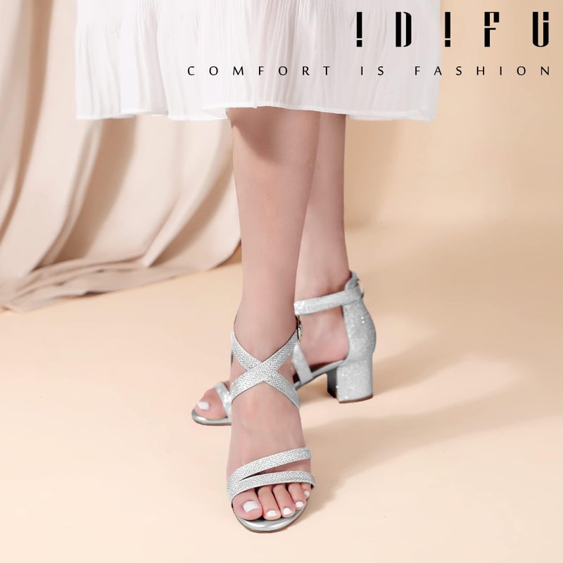 IDIFU Women's Block Low Chunky Heel Strappy Sandals Open Toe Ankle Strap Dress Wedding Evening Shoe for Women Bridal (Silver Glitter, 8 M US) - Image 2