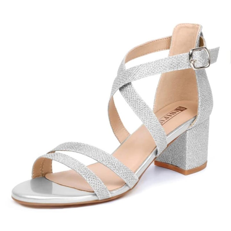 IDIFU Women's Block Low Chunky Heel Strappy Sandals Open Toe Ankle Strap Dress Wedding Evening Shoe for Women Bridal (Silver Glitter, 8 M US) - Image 1