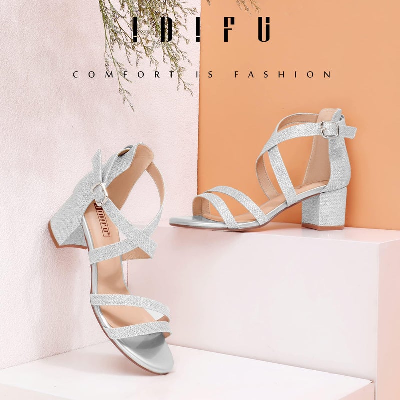 IDIFU Women's Block Low Chunky Heel Strappy Sandals Open Toe Ankle Strap Dress Wedding Evening Shoe for Women Bridal (Silver Glitter, 8 M US) - Image 3