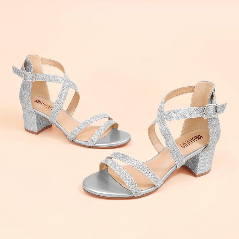 IDIFU Women's Block Low Chunky Heel Strappy Sandals Open Toe Ankle Strap Dress Wedding Evening Shoe for Women Bridal (Silver Glitter, 8 M US) - Image 5
