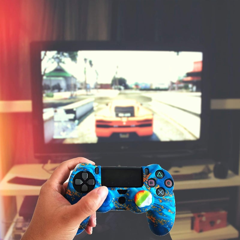 Asokex Silicone Skin Cover for Ps4 Controller (1pc Anti-Slip Case, 1 Pair L2 R2 Trigger Extender, 4pcs Thumb Grips,4pcs LED Light Bar Decal) Protector for DualShock PS4/ Slim/Pro Controller (sky blue&yellow) - Image 2