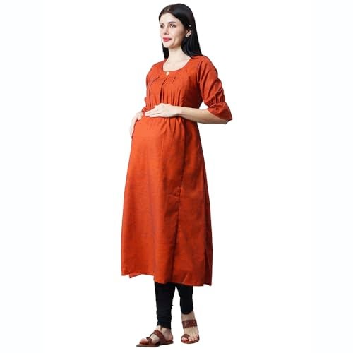 CEE 18 Women's Cotton Rayon A-Line Maternity Dress/Feeding Kurti with Zippers(9916_36,Rust,36) - Image 2