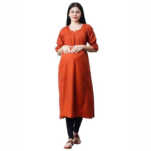 CEE 18 Women's Cotton Rayon A-Line Maternity Dress/Feeding Kurti with Zippers(9916_36,Rust,36) - Image 1