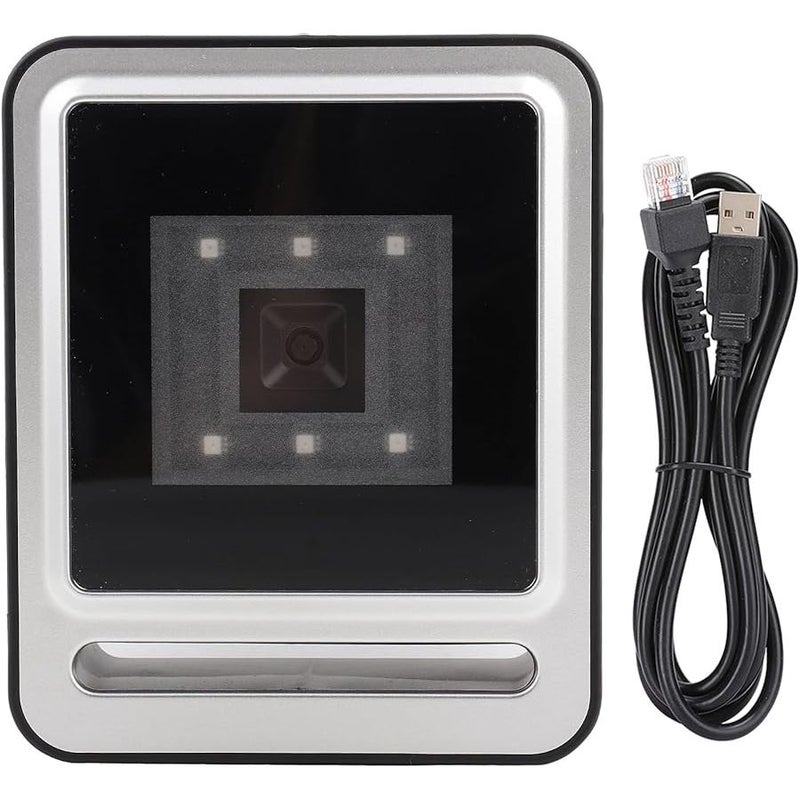 ماسح الباركود الثابت 1D 2D قارئ رمز QR ماسح مكتبي بدون استخدام اليدين مع كابل USB وإضاءة LED للون الأسود لإدارة المخزون في نقاط البيع بالتجزئة - Image 1