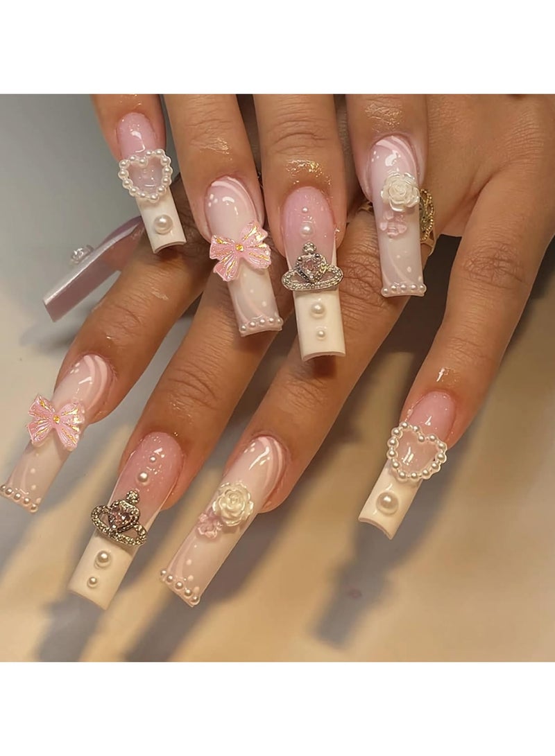 general Pink Long False Nails Inlaid with Heart Pearls, White Roses, Bows and Crowns Feminine False Nails for Girls - 24 Pieces - Image 1