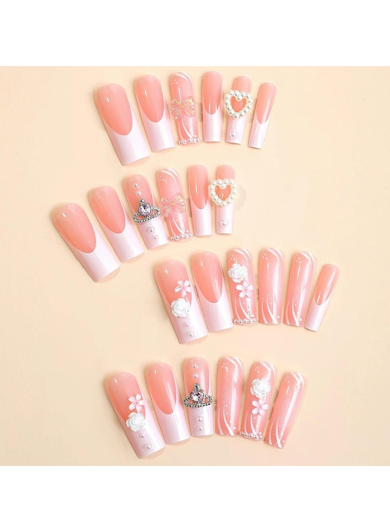 general Pink Long False Nails Inlaid with Heart Pearls, White Roses, Bows and Crowns Feminine False Nails for Girls - 24 Pieces - Image 4