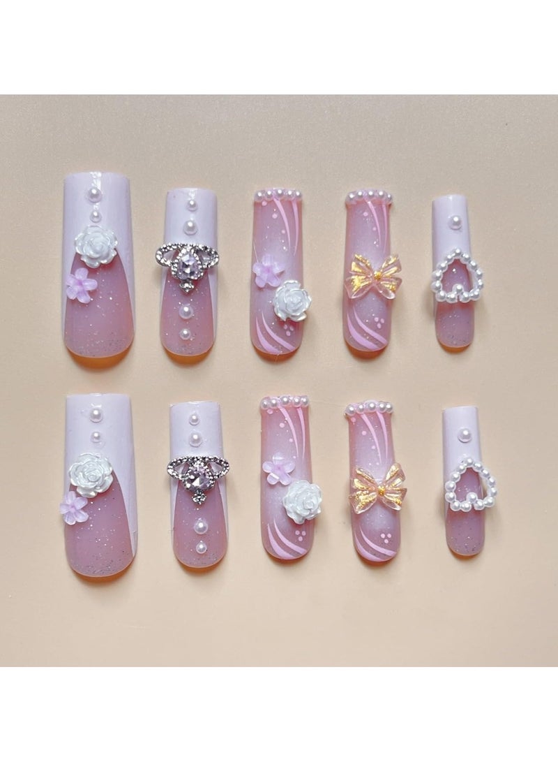 general Pink Long False Nails Inlaid with Heart Pearls, White Roses, Bows and Crowns Feminine False Nails for Girls - 24 Pieces - Image 3