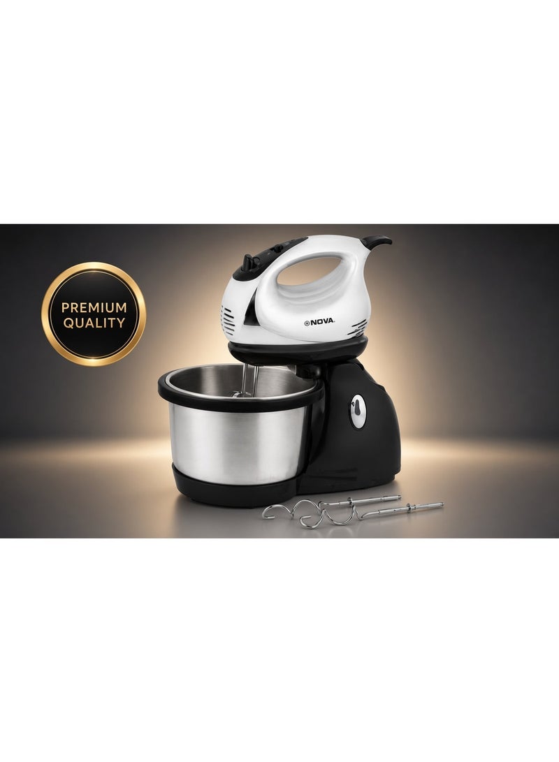 NOVA NM-71WBS Hand Mixer with Steel Bowl 300W | 3-Speed Electric Mixer | Beaters & Dough Hooks | Baking, Cake, Cream & Dough Mixing - Image 5