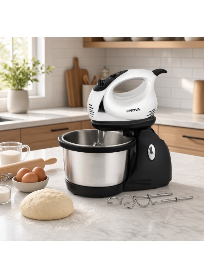 NOVA NM-71WBS Hand Mixer with Steel Bowl 300W | 3-Speed Electric Mixer | Beaters & Dough Hooks | Baking, Cake, Cream & Dough Mixing - Image 3