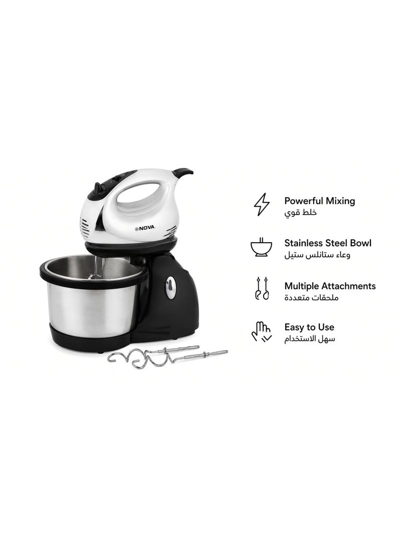 NOVA NM-71WBS Hand Mixer with Steel Bowl 300W | 3-Speed Electric Mixer | Beaters & Dough Hooks | Baking, Cake, Cream & Dough Mixing - Image 4