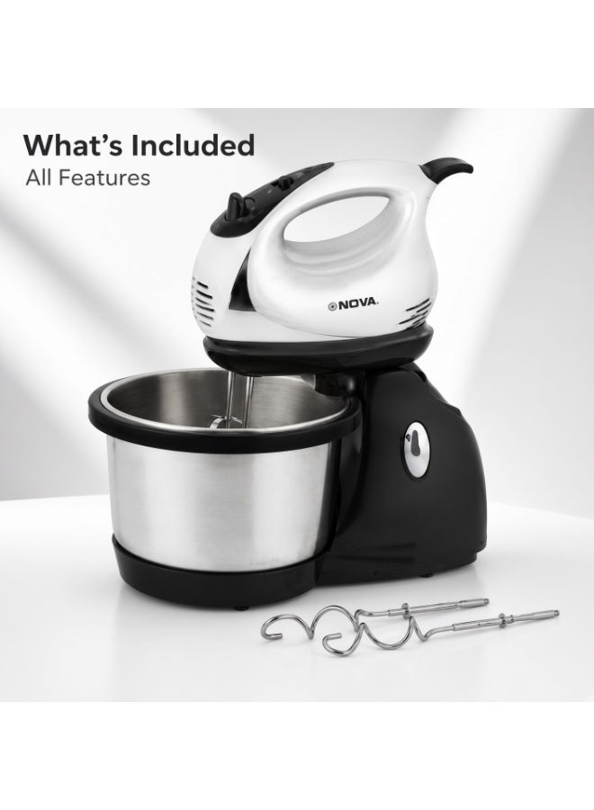 NOVA NM-71WBS Hand Mixer with Steel Bowl 300W | 3-Speed Electric Mixer | Beaters & Dough Hooks | Baking, Cake, Cream & Dough Mixing - Image 2