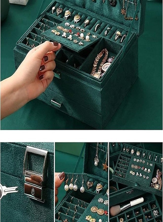 FEBLICH Jewelry Box Organizer For Women Girls, 3 Layers Big Jewelry Earrings Organizer Box With Lock Drawer Women Jewelry Display Holder Storage For Earrings Bracelets Necklace Watches (Green) - Image 4