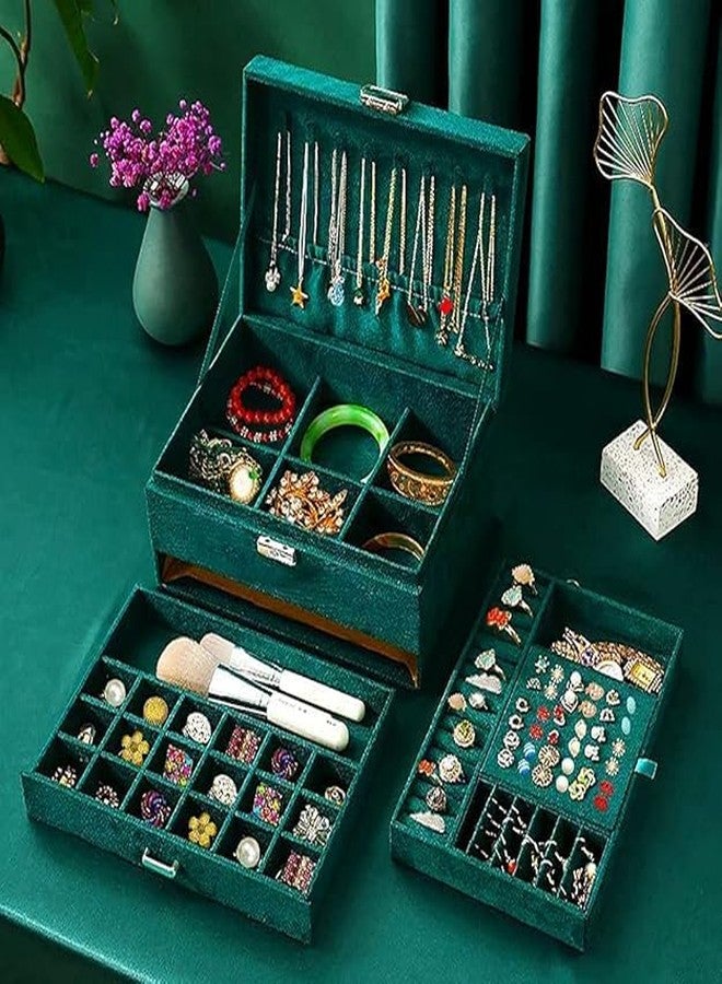FEBLICH Jewelry Box Organizer For Women Girls, 3 Layers Big Jewelry Earrings Organizer Box With Lock Drawer Women Jewelry Display Holder Storage For Earrings Bracelets Necklace Watches (Green) - Image 2