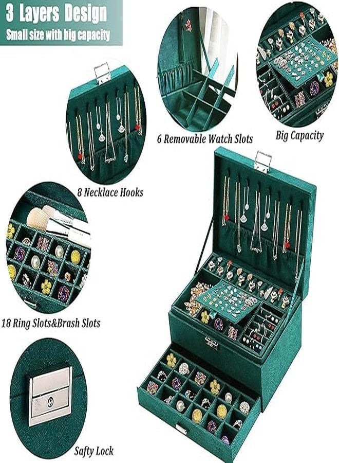 FEBLICH Jewelry Box Organizer For Women Girls, 3 Layers Big Jewelry Earrings Organizer Box With Lock Drawer Women Jewelry Display Holder Storage For Earrings Bracelets Necklace Watches (Green) - Image 3