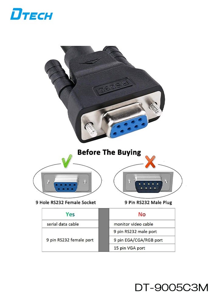 DTECH DB9 Serial Cable Female to Female RS232 9-Pin Straight-Through Cable, 3 Meters (10 ft), Black | High-Quality Shielded PVC | Gold-Plated Connectors | Model DT-9005CM3 - Image 3