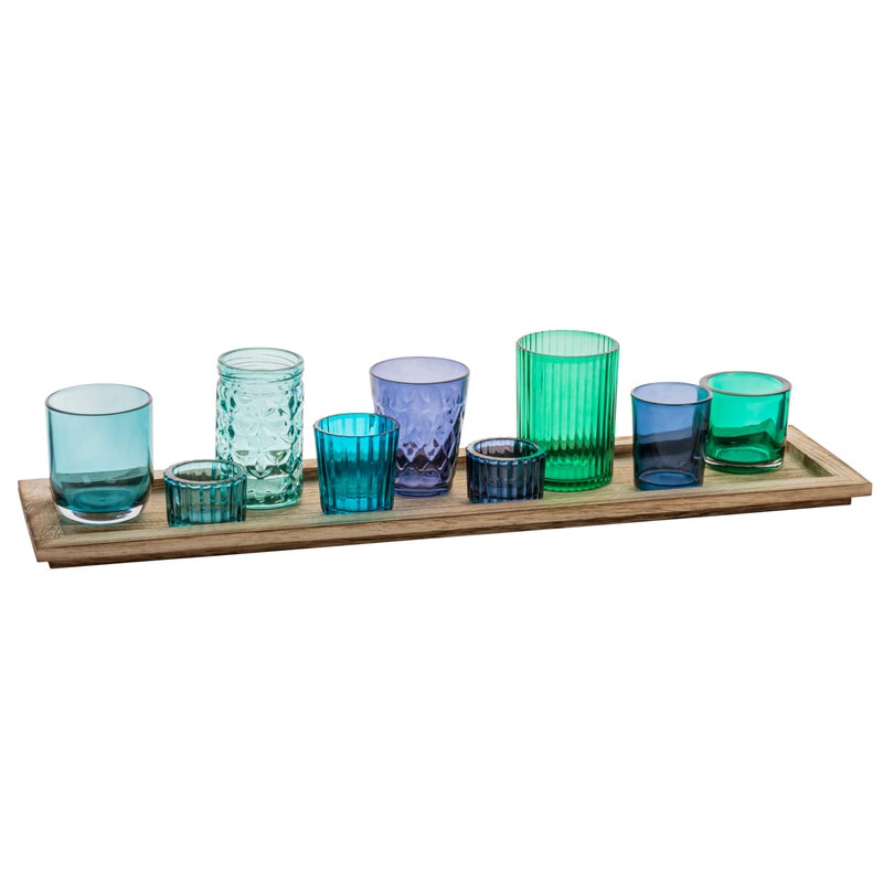 Creative CoOp Wood Tray with 9 Blue  Green Glass Votive Holders