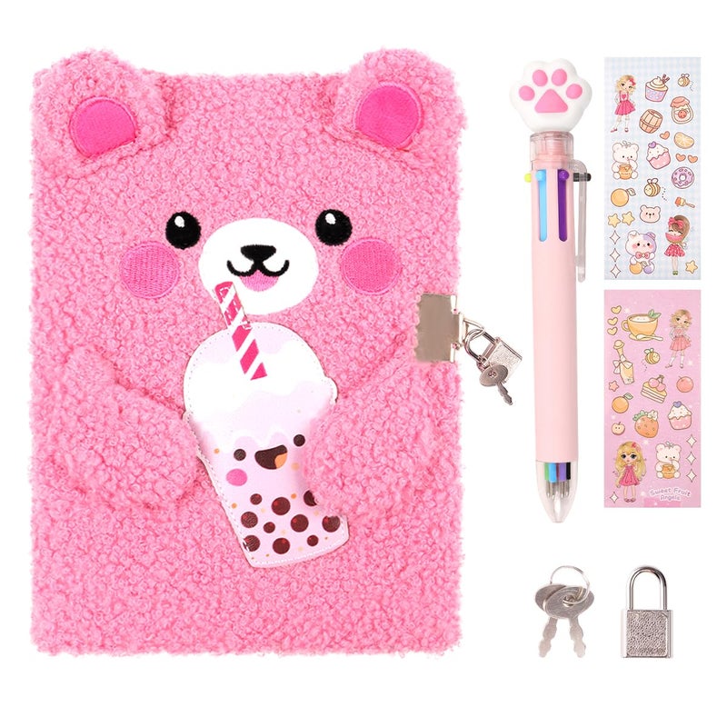 PrinBarBee Bear Diary with Lock,Cute Diary for 6 7 8 Year Old Girl,Kids Journal Notebook Set with Multicolored Pen,Plush Secret Diary Lined 160 Pages,Christmas Birthday Set for Kids - Image 1