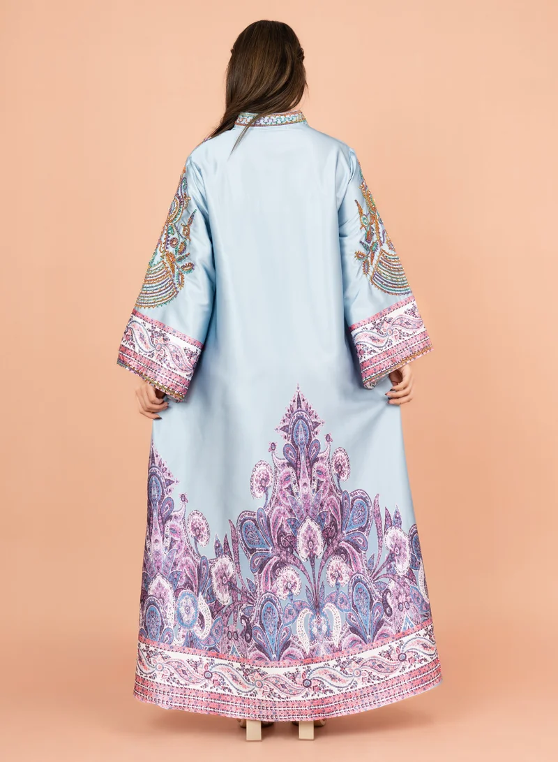 IKKXA Gleaming Crystal and Print Jalabiya IK1016 Blue