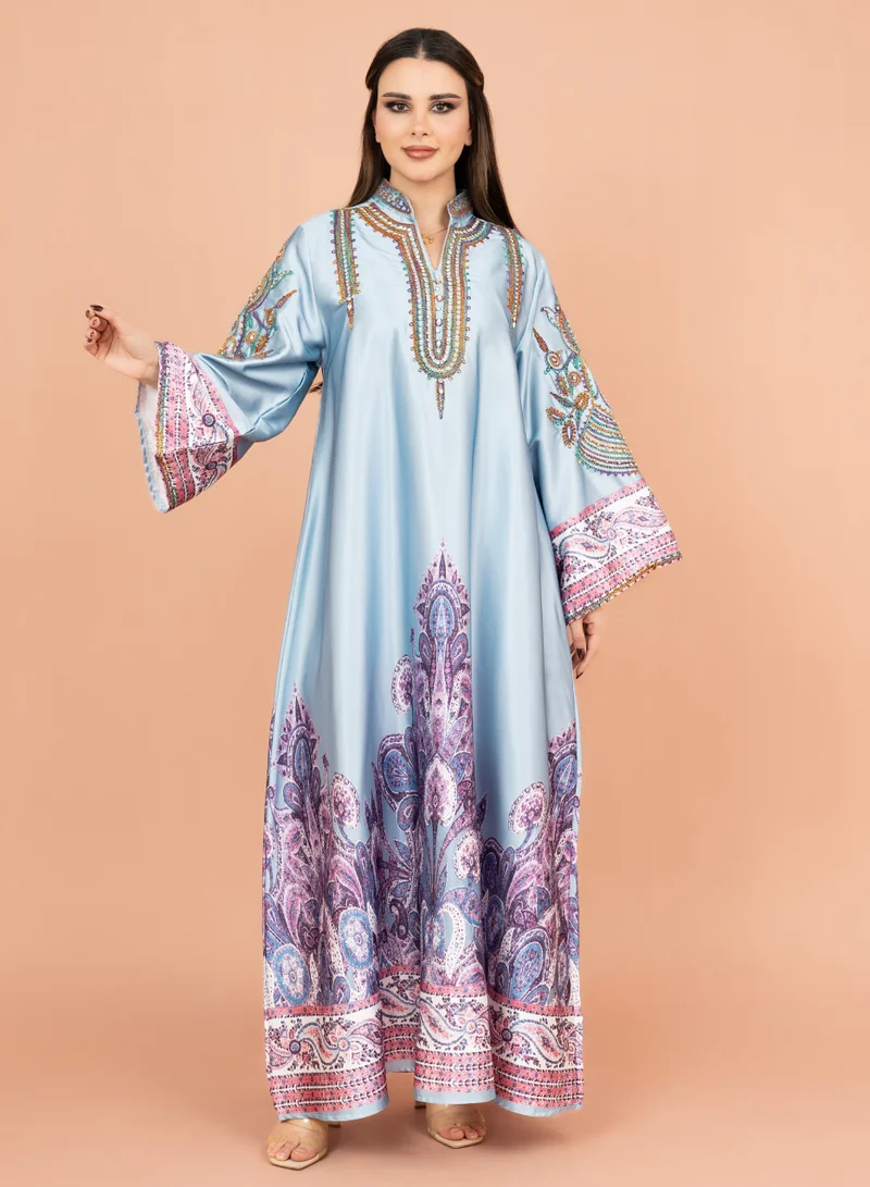 IKKXA Gleaming Crystal and Print Jalabiya IK1016 Blue