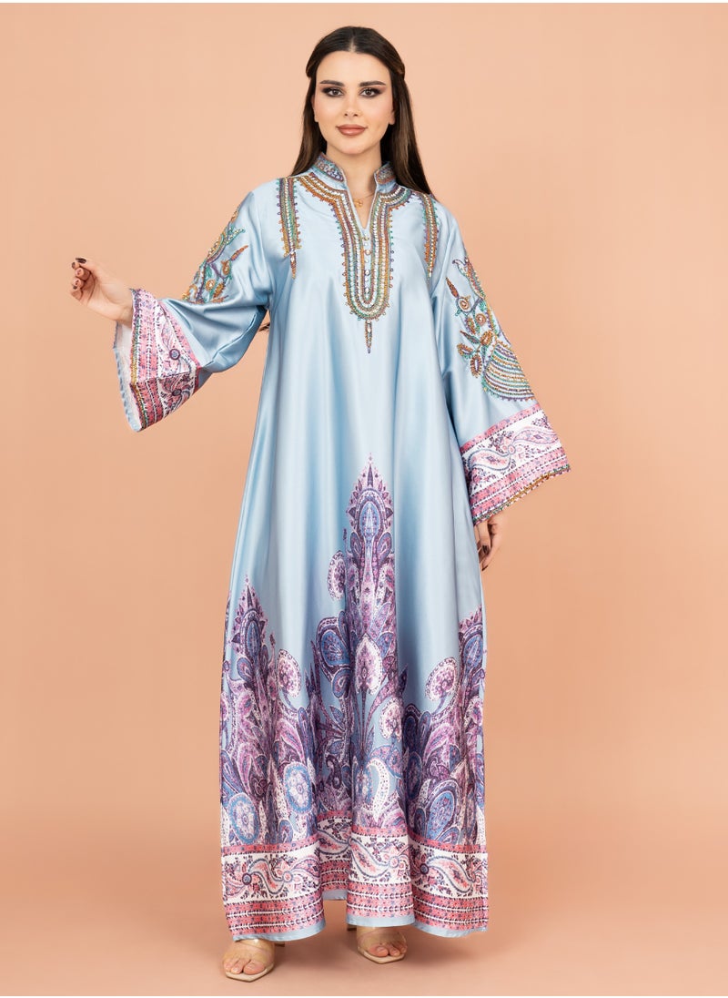 IKKXA Gleaming Crystal and Print Jalabiya IK1016 Blue  - Image 5