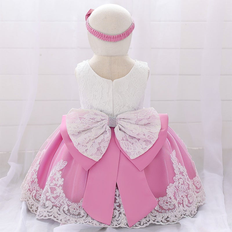 Amazon Baby Dress Big Bow Lace Wedding Princess Dress Baby One Year Old Wash Dress Hair Belt L1911XZ-bean powder 