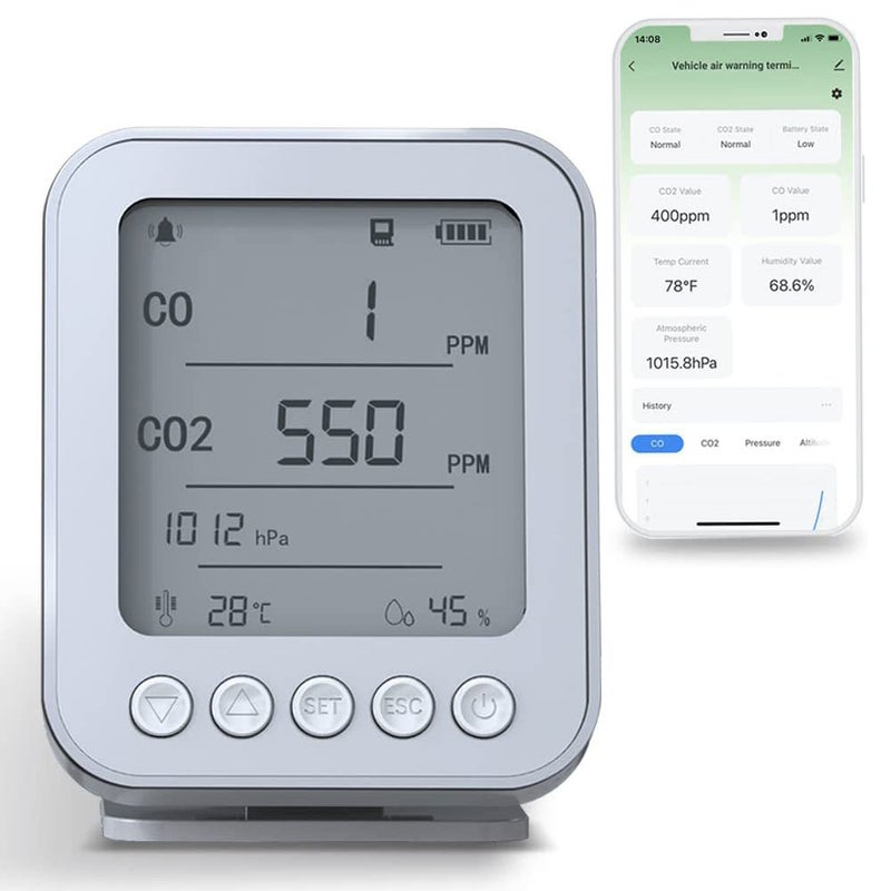 6 in 1 Air Quality Monitor 5-inch LCD Display BT Tuya APP Control CO2 Detector with 128MB Secure Digital Memory Card Backlight Type-C Charging 5V CO CO2 Altitude Air Pressure Temperature Humidity - Image 1