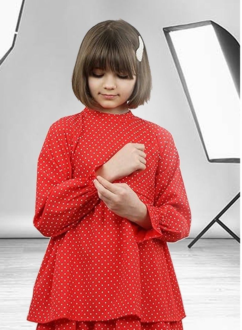 Lamora Young Girls' Long-Sleeved Polka Dot Maxi Dress | Elastic, Loose-Fitting Design for Summer Comfort | Round Neck Layered Details Infuse Whimsical Charm | A Stylish Ensemble for Sunny Days.  - Image 1