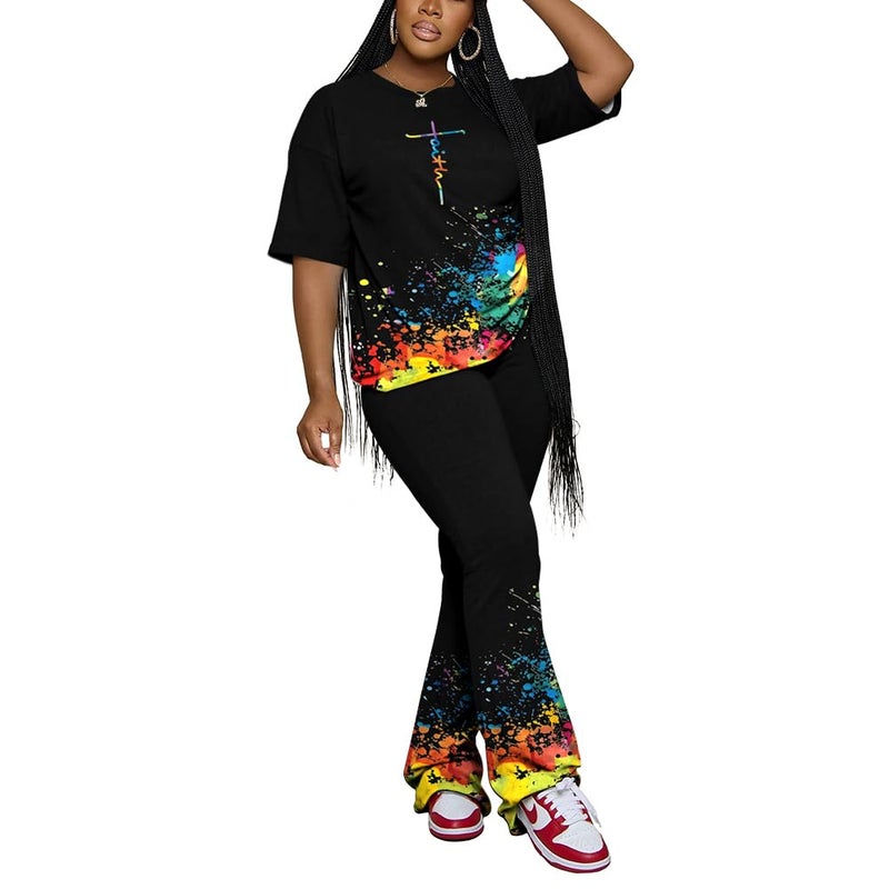 PINSV Womens Sets 2 Piece Outfits Casual Short Sleeve Top and Flare Pants Lounge Sets Tracksuit Black B M - Image 1