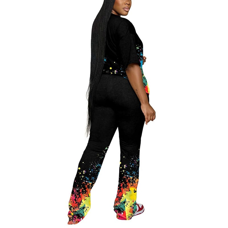 PINSV Womens Sets 2 Piece Outfits Casual Short Sleeve Top and Flare Pants Lounge Sets Tracksuit Black B M - Image 2