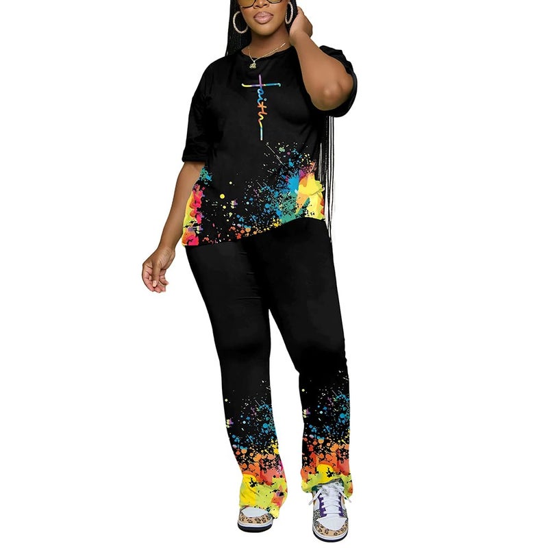 PINSV Womens Sets 2 Piece Outfits Casual Short Sleeve Top and Flare Pants Lounge Sets Tracksuit Black B M - Image 4