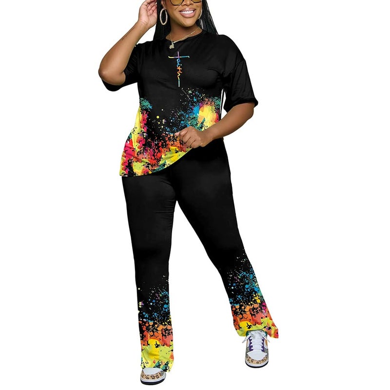PINSV Womens Sets 2 Piece Outfits Casual Short Sleeve Top and Flare Pants Lounge Sets Tracksuit Black B M - Image 5