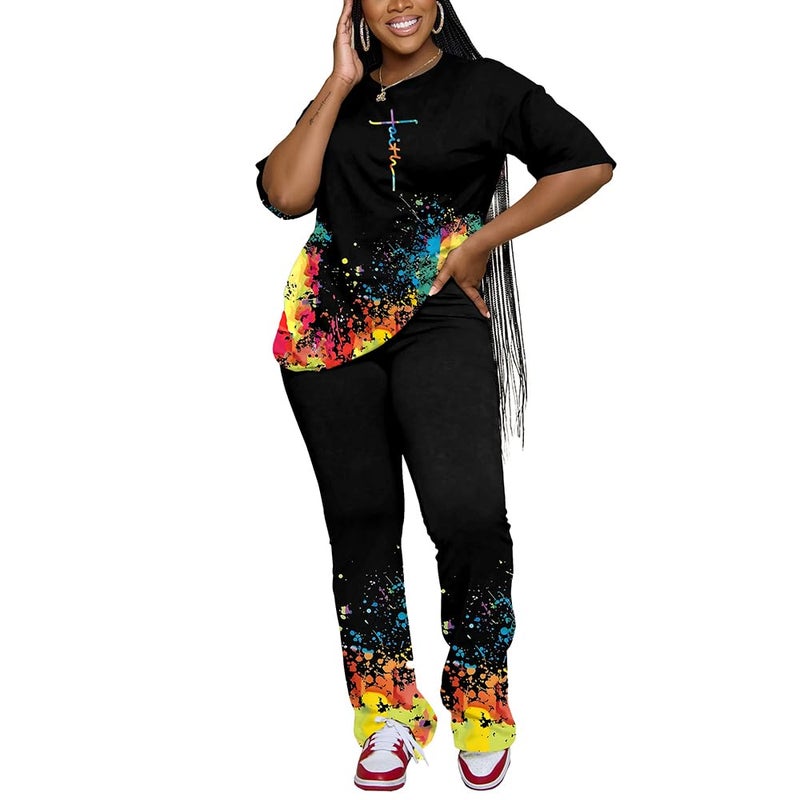 PINSV Womens Sets 2 Piece Outfits Casual Short Sleeve Top and Flare Pants Lounge Sets Tracksuit Black B M - Image 3