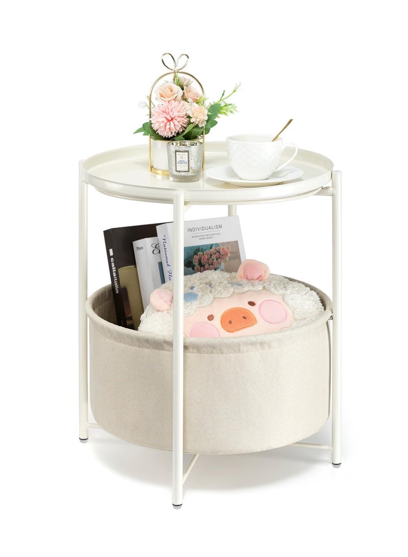 TRASSLE Round Side Table with Fabric Storage Basket, Metal Small Bedside Table Nightstand with Removable Tray Top for Living Room, Bedroom, Nursery, Laundry - Image 1