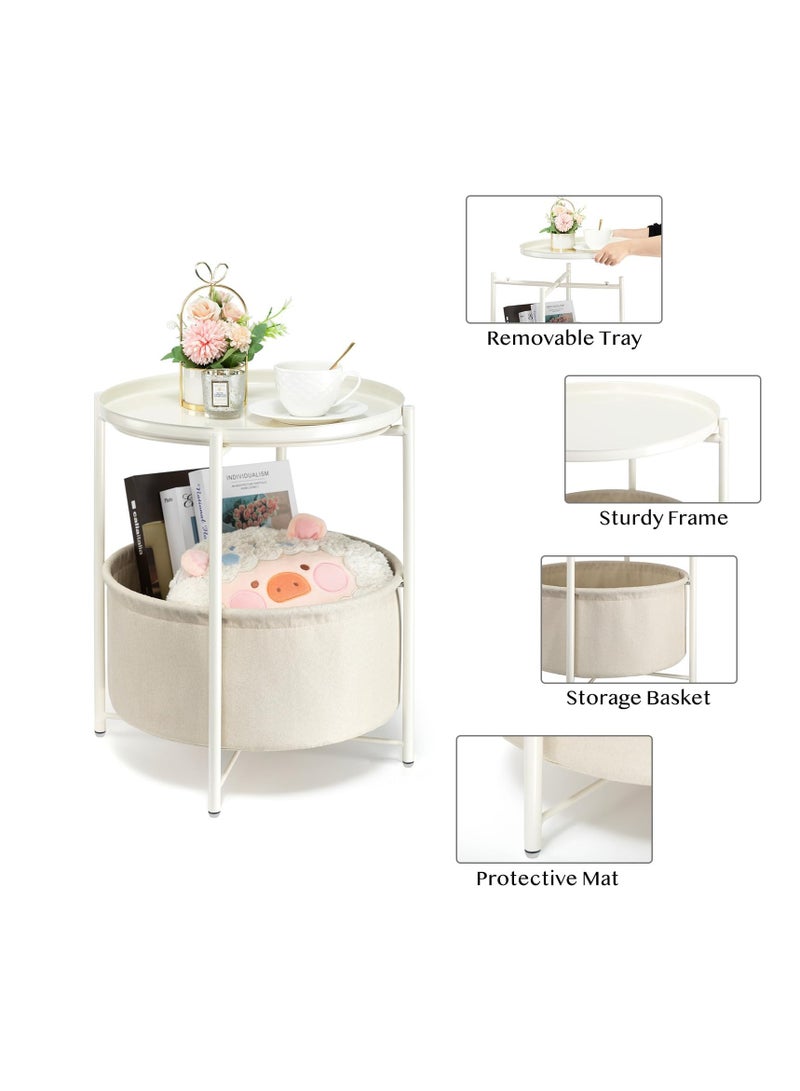 TRASSLE Round Side Table with Fabric Storage Basket, Metal Small Bedside Table Nightstand with Removable Tray Top for Living Room, Bedroom, Nursery, Laundry - Image 2