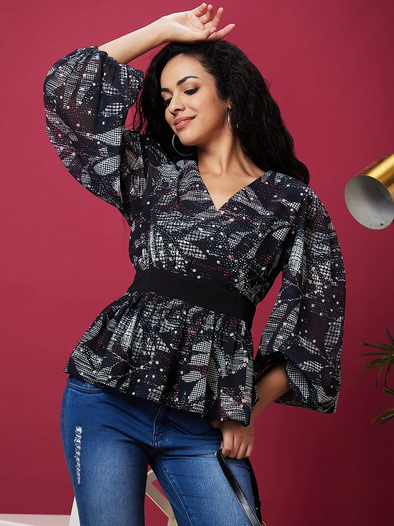 globus Women Black Floral Printed Flared Sleeves Top