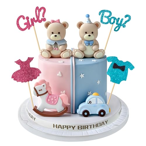 Zafena 8 PCS Gender Reveal Cake Topper - Bear Cake Toppers with Boy or Girl Cake Decorations for Gender Reveal Baby Shower Birthday Party Supplies - Image 1