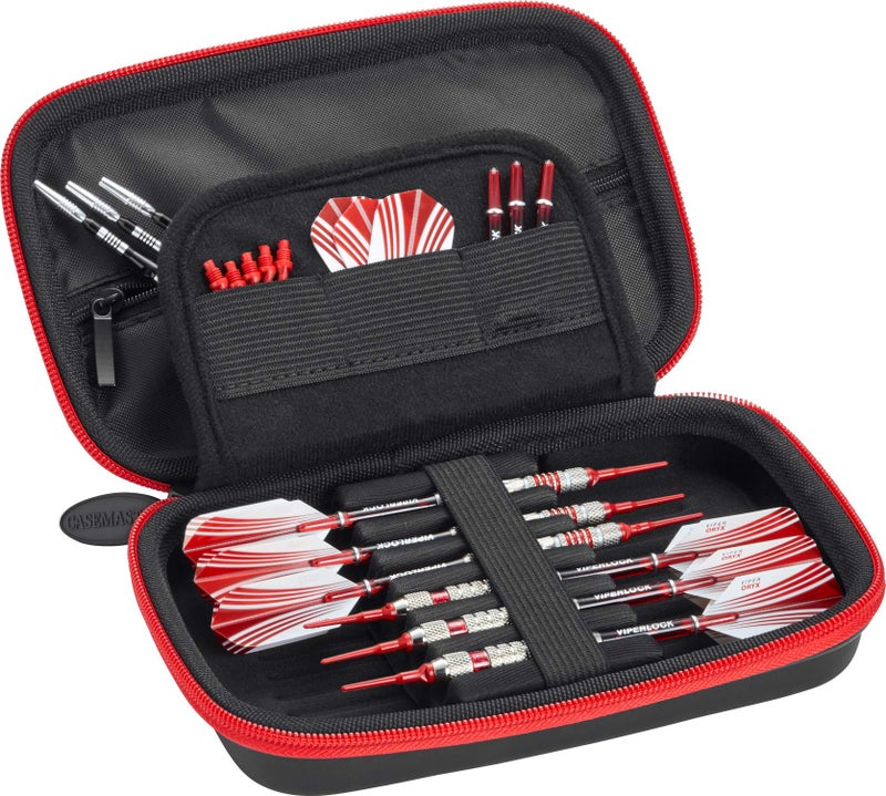 Casemaster Sentinel 6 Dart Case, Holds Extra Accessories, Tips, Shafts and Flights, Compatible with Steel and Soft Tip Darts, Impact & Water Resistant Tactech Shell, Red Zipper - Image 1