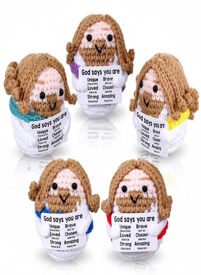 Marsui 5 Pcs First Communion Positive Jesus Crochet Gifts for Women Mini Christian Jesus Figure with Positive Card Motivational Crochet Plush Doll for Religious Church Sunday School Gift (Colorful) - Image 1