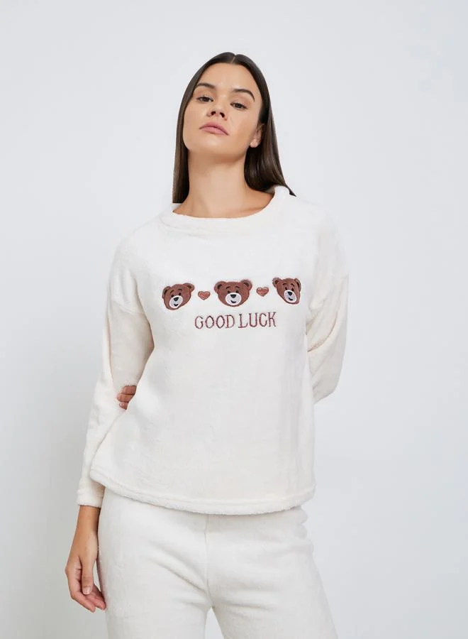 Styli Styli Fleece Bear Embroidery Top and Pyjama Set