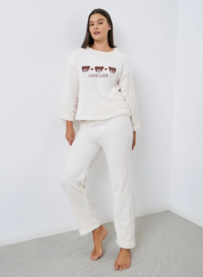 Styli Styli Fleece Bear Embroidery Top and Pyjama Set