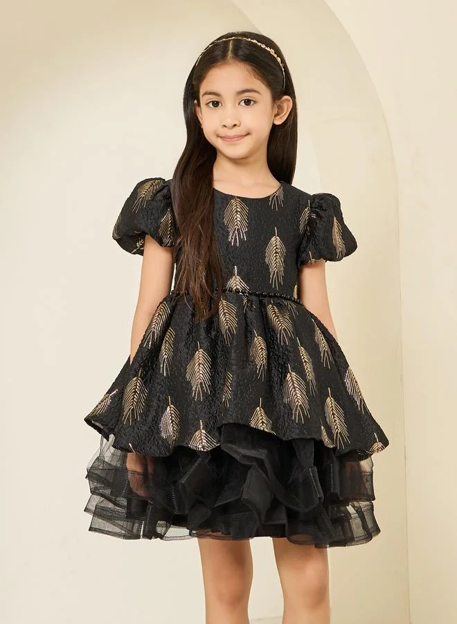 Styli Girls Black Puff Sleeve Floral Jacquard Dress
