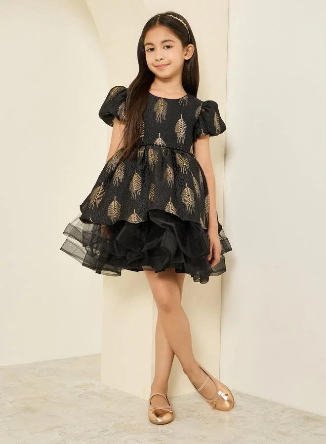 Styli Girls Black Puff Sleeve Floral Jacquard Dress