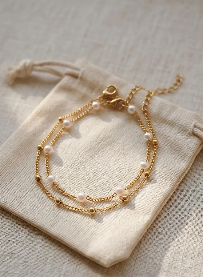 Take Two  Pack of 2 - Gold Tone Faux Pearl and Beads Link Bracelets for Women | Best Price UAE