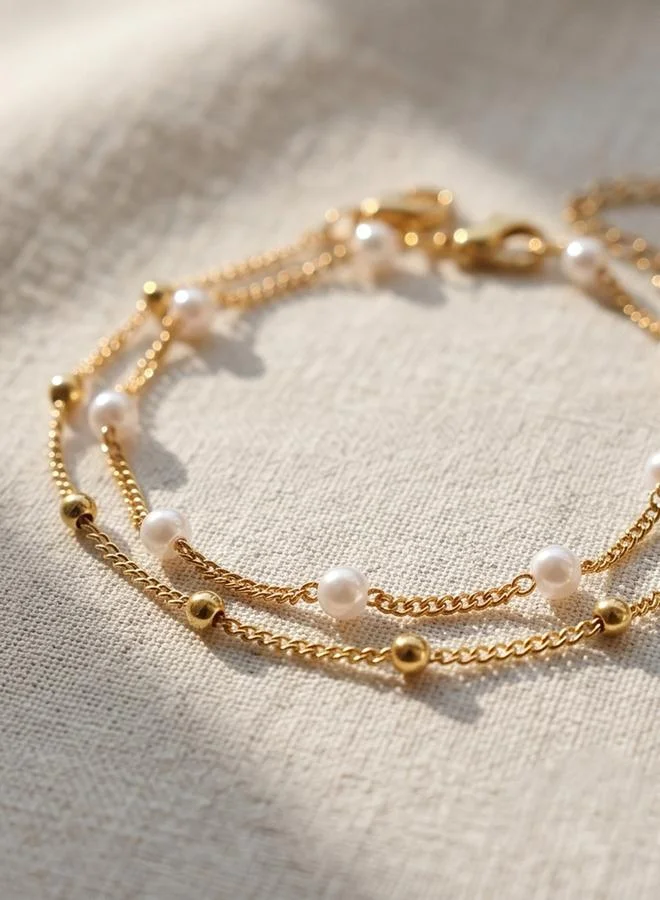 Take Two  Pack of 2 - Gold Tone Faux Pearl and Beads Link Bracelets for Women | Best Price UAE