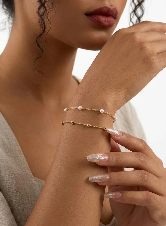 تايك تو Pack of 2 - Gold Tone Faux Pearl and Beads Link Bracelets